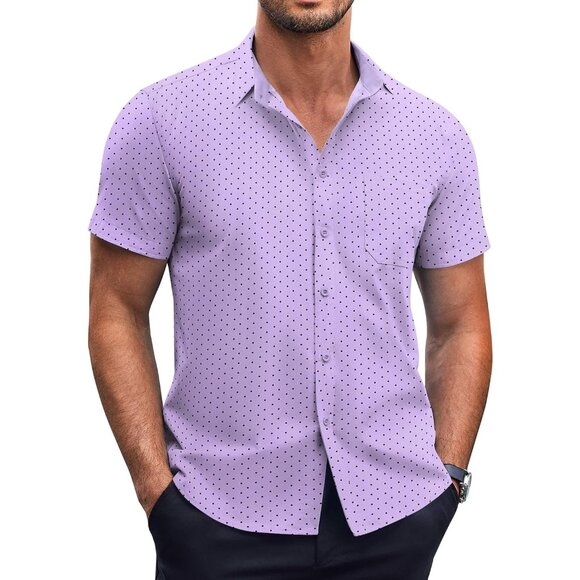 Purple Men Short Sleeve Button Down Wrinkle Free Polka Dot Print Shirt - Picture 1 of 5